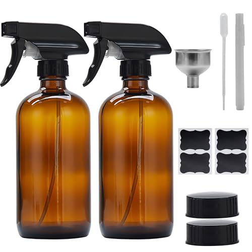 2 Pack Empty 16oz Amber Glass Spray Bottles Refillable Spray Bottle for Cleaning Solutions, Essential Oil, Water, Kitchen, Hair, Plant, Pets