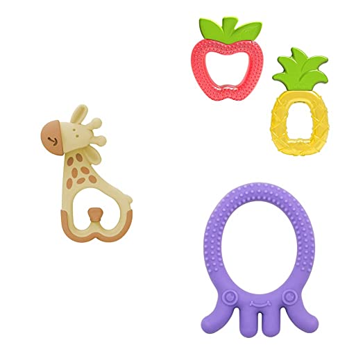 Dr. Brown's Flexees, Ridgees, and AquaCool Silicone Baby Teethers, Variety Pack with Giraffe, Octopus, and Water-Filled Pineapple and Apple Shapes