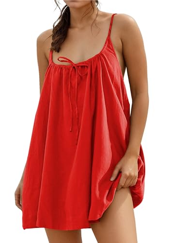Womens Sundresses Mini Linen Beach Cover Up Tank Summer Casual Spaghetti Strap Sleeveless Dress with Pockets
