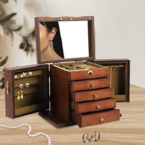 Joyero de madera grande con cerradura con espejo, para joyas, 5 niveles, 4 cajones, para pulseras, collares, anillos