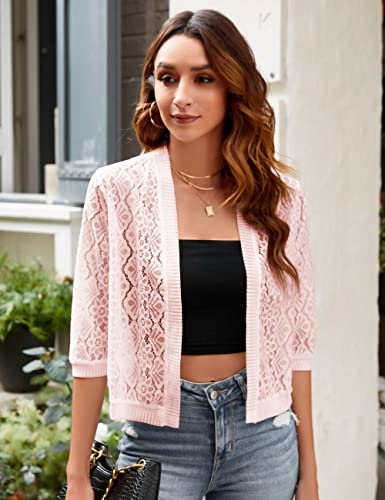 Image of FindThy Women's Casual Summer Lace Cardigan Open Front 3 /4 Sleeve Solid Lace Shrug Cover Up