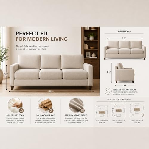 Image of Casaliving Gladino Modern Velvet Fabric Sofa, Tufted Design Upholstered 3 Seater Sofa Set for Living Room, Premium Velvet Fabric Sofa (Pine Colour)