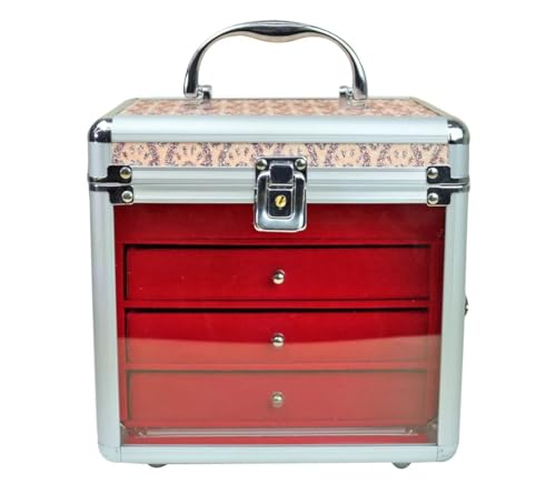 Maleta Organizadora de Joias com 3 Gavetas, Porta Maquiagem, Acabamento em Alumínio, com Chave, Disponível em Rosa, Roxo, Prata e Cinza (Rose Gold)