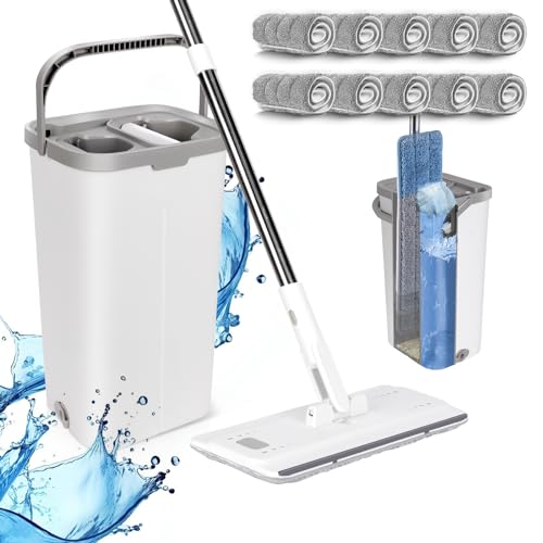 Wischmopp Set mit Eimer, MASTERTOP Bodenwischer Set mit Verstellbarer Griff und 5 Mikrofaser Wischpads, 2 in 1 Putzeimer and Wischmopp Set, Wischer mit Auswringfunktion für All Boden-Weiß