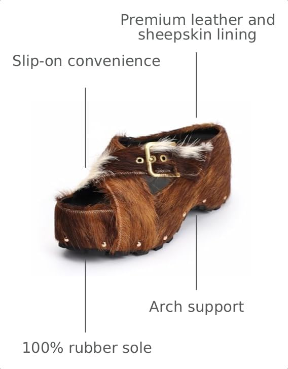 Image of XOBZJH Long-Hair Calfskin Chunky Clog Slide for Women - Memory Foam Luxury Slip on Shoes Women's Mules & Platform Clogs,Designer Mules for Women 2025