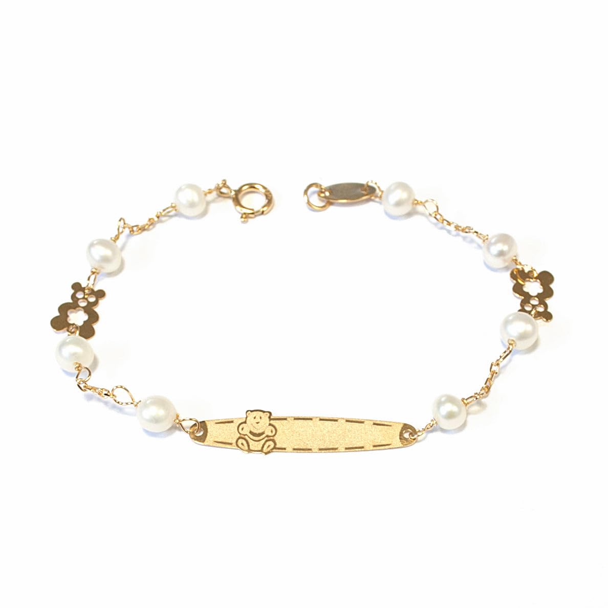 Monde Petit - Bracciale Ragazza Oro Giallo 18K Personalizzata Schiava Orso Perla 4 mm Opaca Brillante 14 cm - Scatola Regalo - Certificato di garanzia