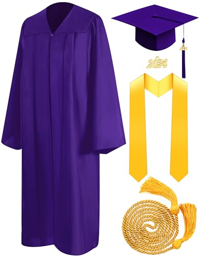 Mukum Matte Graduation Cap and Gown Set with Tassel 2024 Charm Honor Cord Graduation Stoles for High School College Bachelor Purple 51