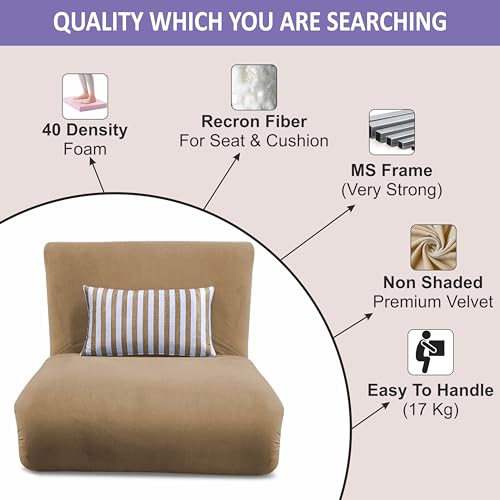 Image of Adorn India Easy Multi Mode 1 Seater Sofa Cum Bed | Velvet Fabric | Beige | Stripes Design | Comfortable Seating | Washable Cover | Perfect for Home & Office