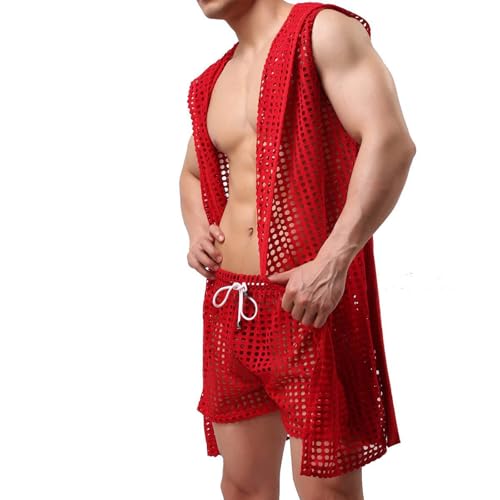 Mens Sexy Hooded Sleeveless Robes Bathrobes Mesh See Through Lingerie Sleepwear Fishnet Robe Pajamas with Belt4