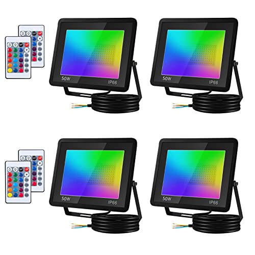 Tubiaz 4er 50W RGB LED Strahler mit Fernbedienung, Farbwechsel Fluter Bunt Dimmbar LED Fluter mit 16 Farben 4 Modi, Memoryfunktion, IP66 Wasserdicht für Balkone,Gärten (kein Stecker)