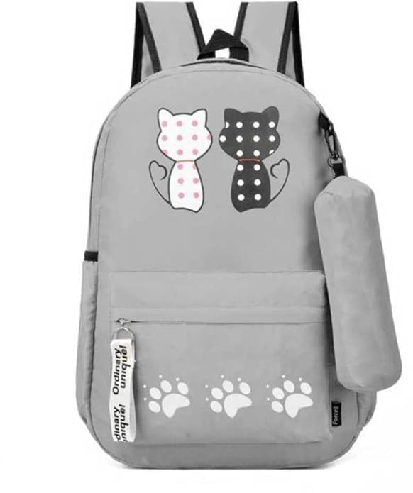 15L Cute Cat Print Grey Backpack for Girls & Women – Lightweight College Bag with Detachable Pouch and Secure Zip Closure-picture-21