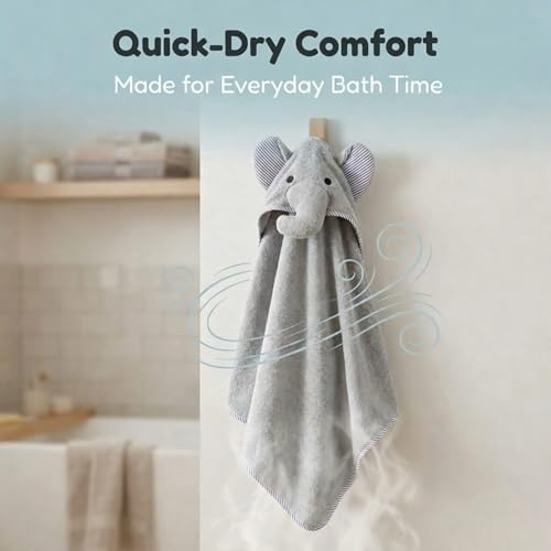 Image of EVERYDAY KIDS Hooded Baby Toddler Bath Towel for Boys and Girls - 3D Gray Elephant with Ears and Trunk; Soft and Absorbent Terry Cloth Hooded Towel for Young Kids; Gender Neutral Baby Bath Essential