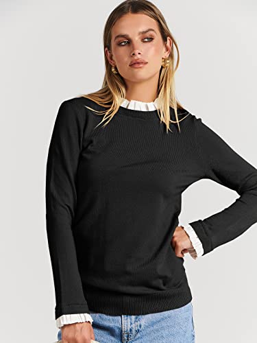 Anrabess Women’s Long Sleeve Mock Neck Ruffle Contrast Slim Fit Casual Solid Knit Pullover Sweater Top 563Heise-S Black #TOP3