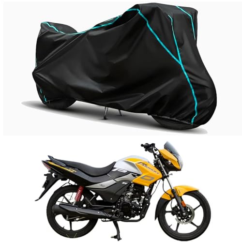 Image of Waterproof Bike Body Cover Compatible for | Hero Passion Pro BS6 | Taffeta Fabric, Sky Piping Design, Bottom Elastic Fit | Dustproof, Sun UV & Rain Protection for All Weather.