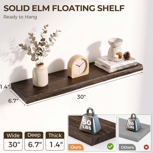 Image of Live Edge Elm Floating Shelves - 30 In Rustic Solid Wood Shelves with Heavy-Duty Invisible Bracket, Wall-Mounted Wooden Shelf for Living Room, Bathroom, Kitchen Storage & Display, Set of 2, Walnut