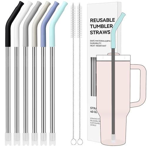 Soledea 40 oz Straight Metal Straws for 40 oz Stanley Tumbler, 6 Pcs Stainless Steel Reusable Drinking Metal Straw with Colourful Silicone Tips,Straw for Glass Cups, BPA FREE