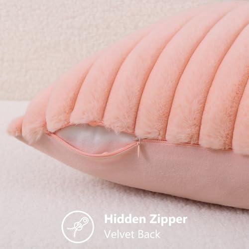 Image of decorUhome Fall Cozy Faux Fur Throw Pillow Covers 12x20 Set of 2 Decorative Plush Striped Lumbar Modern Farmhouse Boho Couch Pillow Cases with Velvet Back for Sofa Bed Living Room, Blush Pink