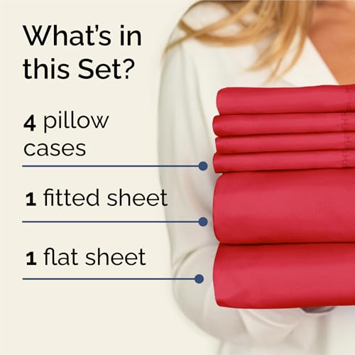 Image of King 6 Piece Bed Sheet Set - Comfy, Breathable & Cooling Bed Sheets - Red | Ultra Soft Hotel Luxury Bedding Set w / 8-16 Inch Deep Pockets - 1 Flat & 1 Fitted Sheet & 4 Pillowcases - Wrinkle & Fade Free