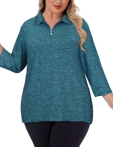 Viracy Plus Size Womens Golf Polo Shirts 3/4 Sleeve Zip Up Quick Dry Workout Tops4