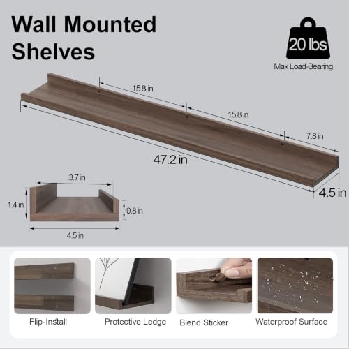 Image of Walnut Floating Shelves for Wall Decor, 48 in Shelf with Lip, 2 Set