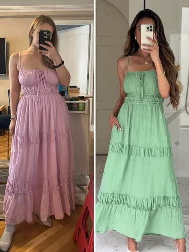 Wenrine Womens Summer Beach Dresses Backless Spaghetti Straps Self Tie Tiered Flowy Casual Maxi Dress with Pockets3