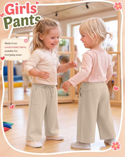 Image of Toddler Girls Wide Leg Pants | Baby Girls Sweatpants, Baggy Drawstring Pants with Pockets, Open Bottom Joggers, Back to School Trousers, for Kids 18M-5T