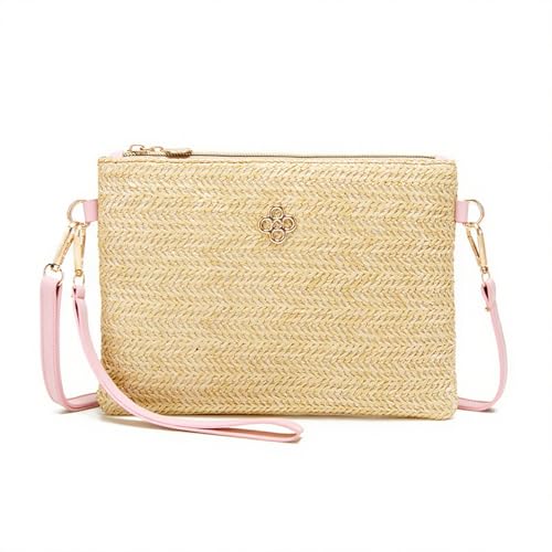 Bolsa feminina de palha boho verão praia bolsa de palha com zíper carteiras para mulheres bolsa transversal com alça removível, rosa