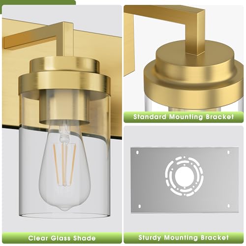 Image of Bathroom Lighting Fixtures, 3-Light Bathroom Vanity Lights Over Mirror, Brass Vanity Light with Glass Shade, Modern Vanity Lighting Fixtures for Bedroom, Hallway