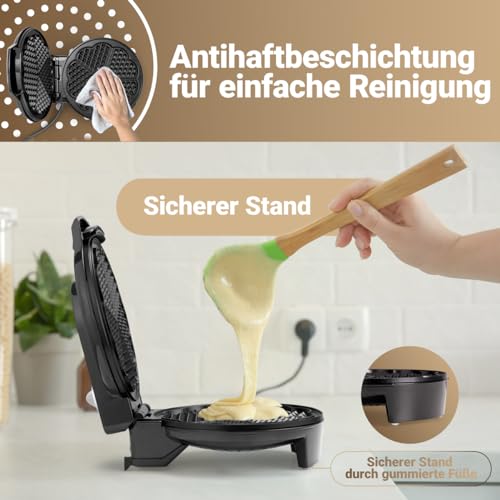 Bomann WA 5018 CB Waffelautomat, 1200 Watt, Stufenlos regelbarer Bräunungsgrad, Große Backflächen Ø 18 cm (antihaftbeschichtet), Schwarz - 2