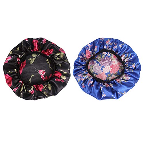 Preisvergleich Produktbild NUOBESTY 2PCS Seide elastische Schlafhaube mit breite Band Nachtmütze Perück Kappe Unterziehhaube (schwarz + blau)
