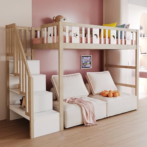 luckdect lit Mezzanine 90x200 avec Rampe d'escalier et Espace de Rangement en Dessous, lit superposé Compact éclairé pour 1 Personne, destiné aux...