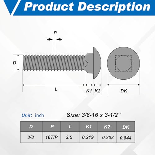 Image of Zonon 25 Sets 3 /8-16 x 3-1 /2 Stainless Steel Carriage Bolts and Nuts Kit Round Head Square Neck Carriage Bolts Screws and Hex Nuts and Flat Washers, Stainless 18-8 Full Thread Coverage (Silver)