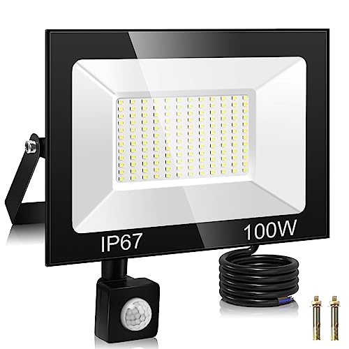 PPSSOHU 100W Foco LED con Sensor de Movimiento, 144 Cuentas de Lámpara 10000LM 7000K Blanco Frío Proyector LED Exterior, IP67 Impermeable Iluminación de Exterior Seguridad para Jardín, Patio