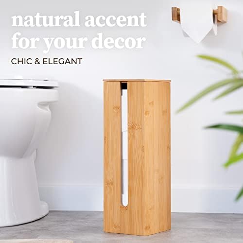 HENNEZ Bamboo Toilet Roll Storage 3 Rolls with Lid - Free Standing Toilet Roll Holder Free Standing Bathroom Toilet Loo Roll Holder Stand -Toilet Roll Holders Free Standing, Toilet Paper Holder Basket