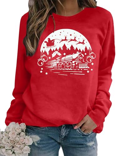 FAYALEQ Christmas Sweatshirts Women Xmas Believe Express Sweater Winter Long Sleeve Pullovers