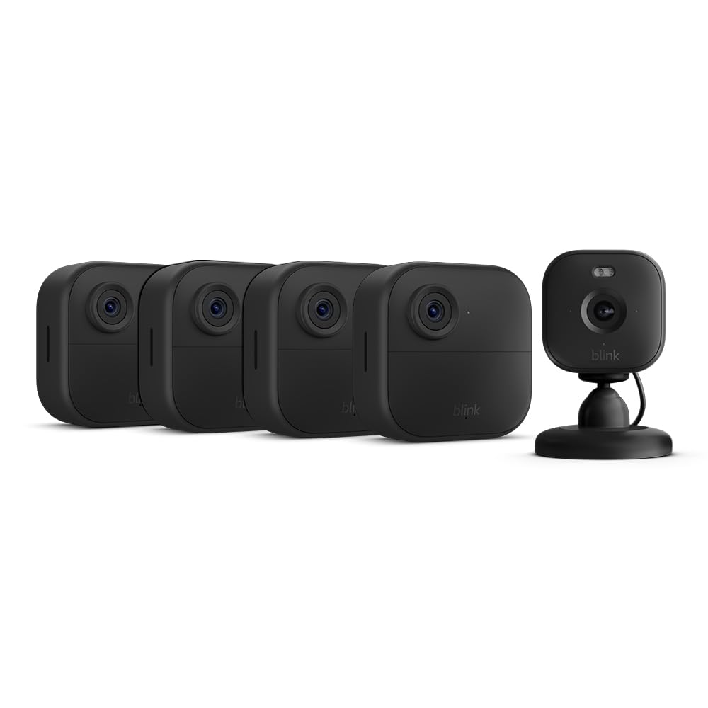 Nuova videocamera Blink (Outdoor 4) | Sistema a 4 telecamera con Sync Module Core incluso + Blink Mini 2 | Nero