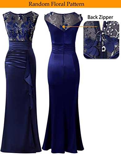 Vfshow Womens Blue Floral Embroidered Formal Ruched Ruffles High Split Evening Gown Prom Wedding Party Maxi Long Dress 3708 Blu 3Xl #TOP4