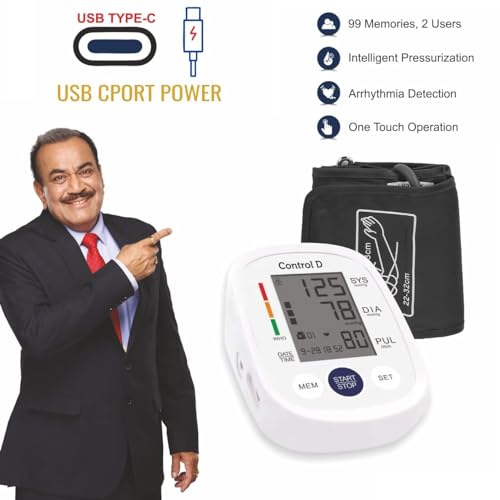 Image of Control D Homely Smart Automatic Digital Blood Pressure Monitor Hypertension Indicator Upper Arm Portable BP Machine Power with USB-C Port