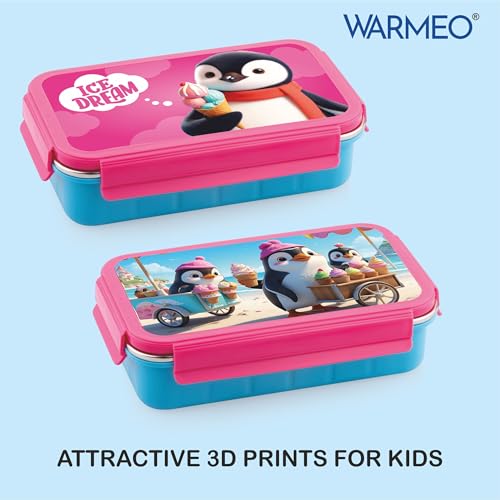 Image of WARMEO Cosmic 3D Print Insulated Lunch Box with Two Compartment BPA Free, Kids Lunch Box,Food Grade Ideal for School, Picnic,& Outdoor - 600 ml Penguin, Stainless Steel