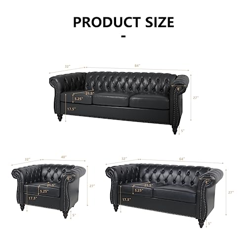 Image of QHITTY 2 Piece Living Room Set, Sectional Chesterfield Sofa Chair Contemporary Upholstered Artificial Leather Loveseat Couch Sets for Living Room, Bedroom, Office (Black)