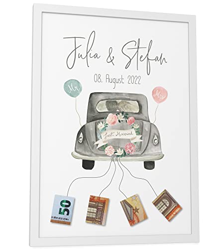 Papierschmiede® Personalisiertes Geldgeschenk fürs Brautpaar, DIN A4 (21x30 cm) Rahmen wählbar, Hochzeitsgeschenk gerahmt, Namen, Geschenk zur Hochzeit Bild Just Married „Wedding Money“ Cover