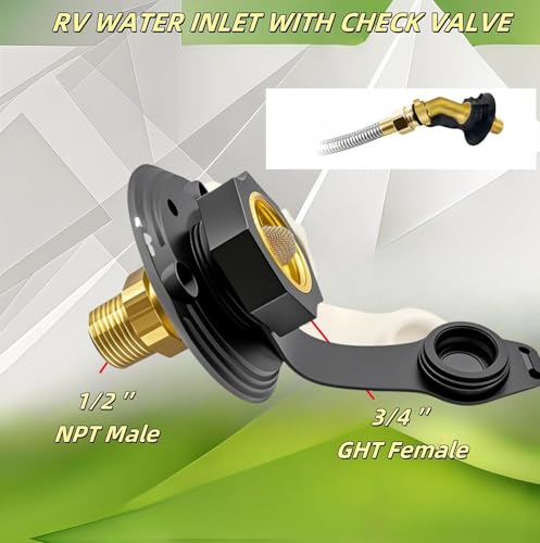 Image of RV City Water Inlet with Brass Check Valve, Fresh Water Fill Flange for Camper Hookup, Durable RV Water Replacement Connection Fittings,Black