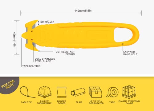 Safety Box Cutter T TOVIA Stainless Steel Concealed Blade Package Opener 10 Pcs for Tape Splitter, Cartons, Cardboard, Wrap, Straps, Film (10 pcs - Yellow)