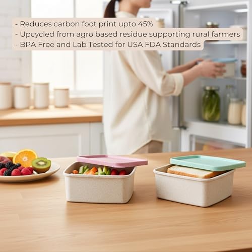 Image of Happy Cove Eco Friendly Lunch Box for Office Use | Biocomposite Wheat Straw, Rice Husk & Bamboo Fibre | 3 Multicolour Containers | Tiffin Box with Lunch Bag | Microwave & Oven Safe | Unbreakable
