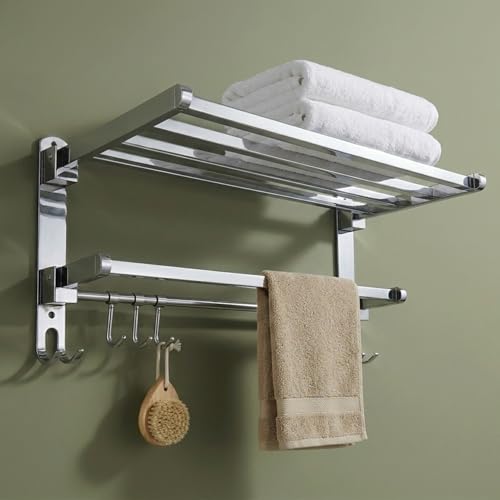 Image of GLOXY Premium 18 Inch Towel Rack for Bathroom - Chrome Finish Stainless Steel Folding Towel Hanger with Shelf - Wall Mounted Home Decor Towel Holder Rack Shelf Bathroom Fittings Accessories Set