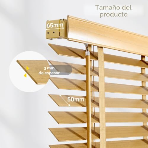 Miniatura 5 de Sekey Persiana Veneciana De Madera De 50 Mm, 80 X 220 Cm, Color Madera Natural
