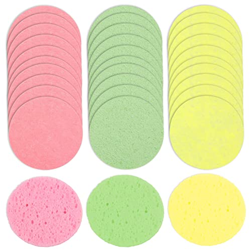 60 Piezas Esponjas Faciales Comprimidas, Esponjas Desmaquillantes de Celulosa, Esponja Limpieza Facial Esponja de Lavado Facial, Esponja Maquillaje para Limpieza Facial (Rosa, Amarillo, Verde)