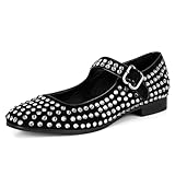 DOEYG Rhinestone Flats for Women Sparkly Mary Jane Flats Square Toe Mary Janes Ballet Shoes Dressy Studded Buckle Ballet Flats with Straps Casual Comfortable Chunky Low Heel Ballerina Shoes Black