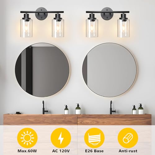 Image of Unicozin 2 Light Vanity Lights, Black Wall Sconce Light with Clear Glass, Bathroom Light Fixtures, Wall Lights for Mirror, Living Room, Bedroom, Hallway, E26 Base (Bulbs Not Included)