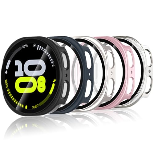 Bigqin 5 Pièces Coque Compatible avec Samsung Galaxy Watch 8 44mm, Coque Rigide en PC avec Protecteur d'écran, Coque HD avec Verre Trempé - Transparent,Noir,Argent, Rose,Blue